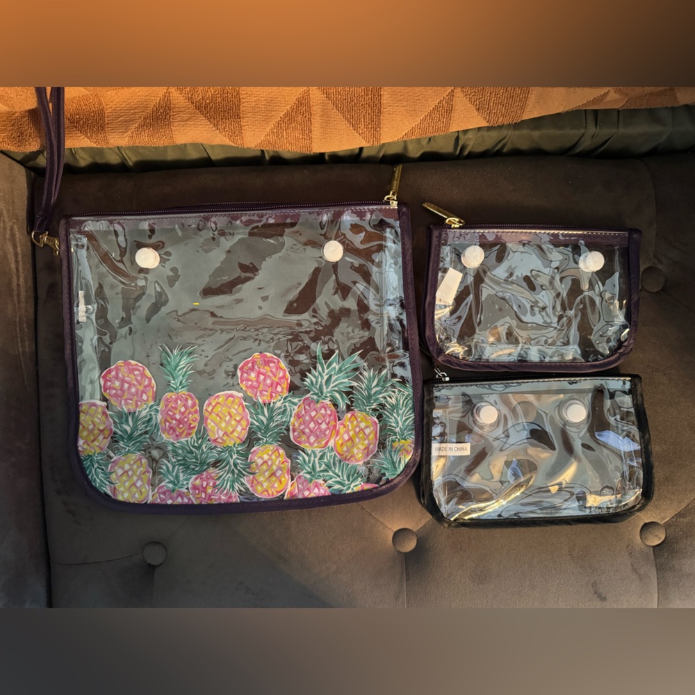Purple Pineapple Print Bag Set, Bogg black insert, and cup holder.